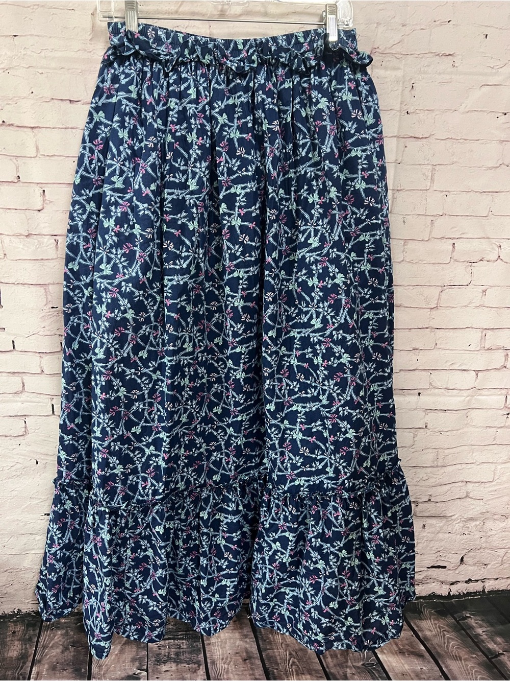 Simply Southern Ophelia Blue Bow Floral Cotton Tiered Maxi Skirt Pockets Medium